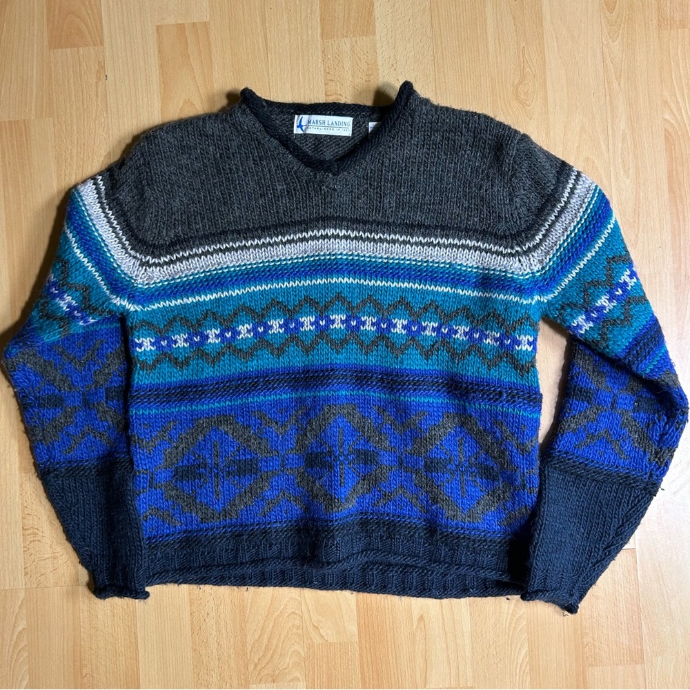Vintage Marsh Landing Knit Fairisle Wool Blend‎ Sweater Blue